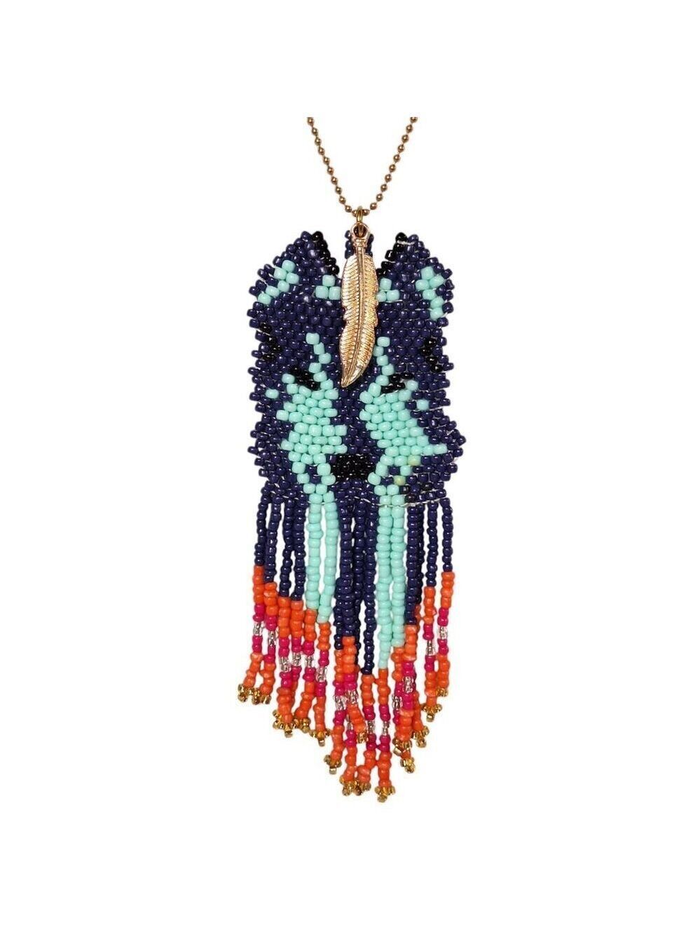 Vintage Multicolor Seed Bead Tribal Feather Necklace